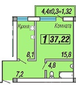 1-комн. квартира в ЖК "Скифия" S 37,22 кв.м. от ООО "Рбкстрой"