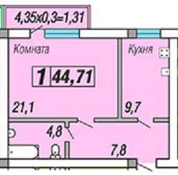 1-комн. квартира в ЖК "Скифия" S 44,71 кв.м. от ООО "Рбкстрой"